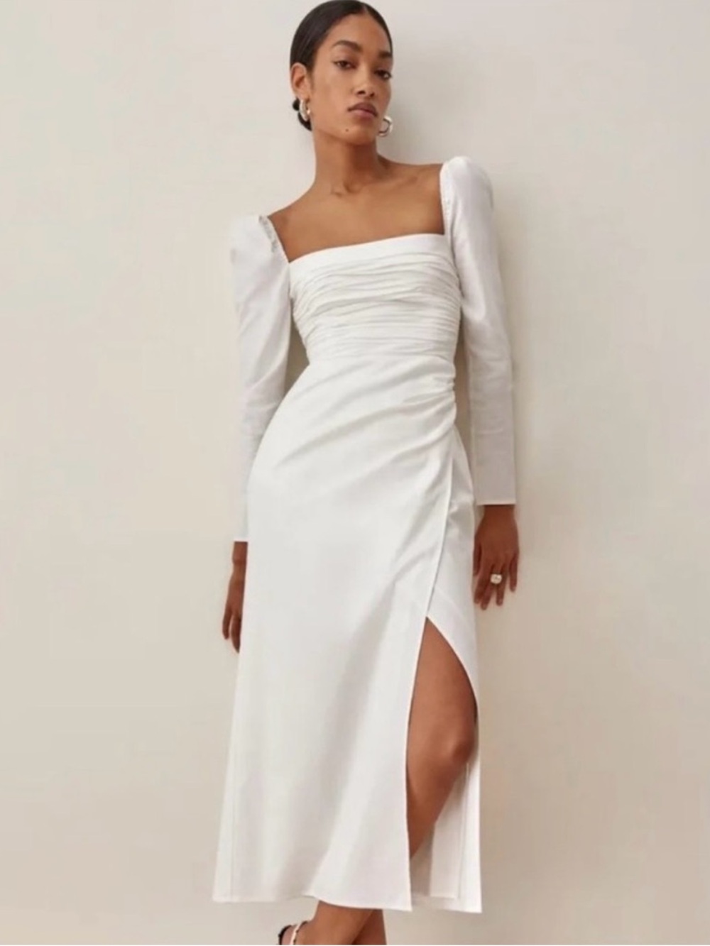 Reformation Cream Long-Sleeve Square Neck Midi Dress